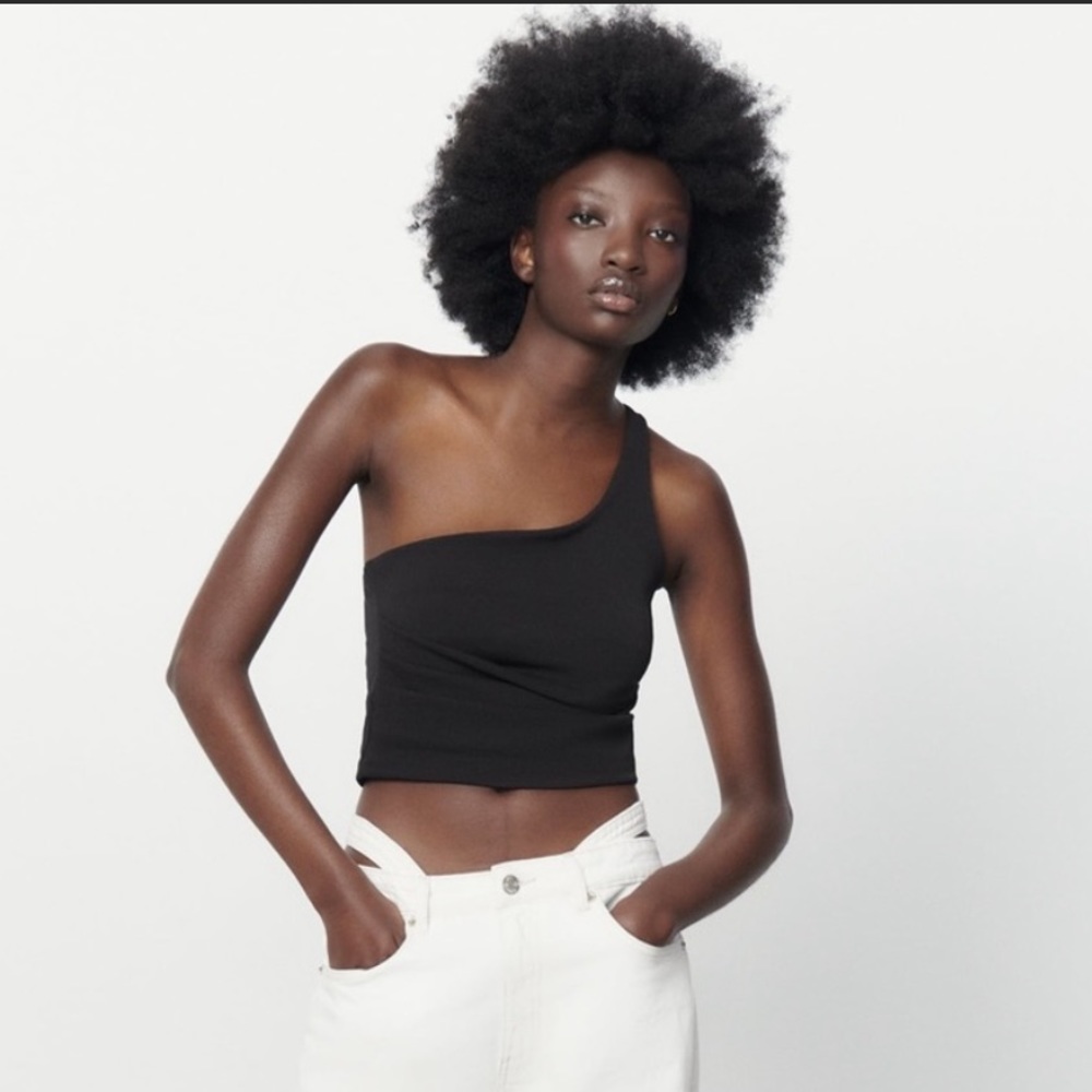Zara Black One Shoulder Ruched Tank S